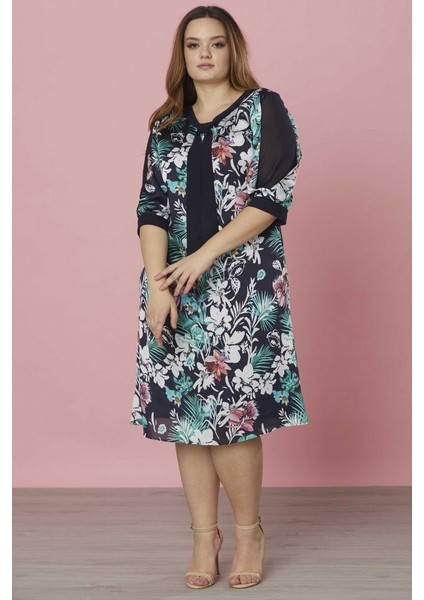 Büyük Beden Yaka Kravatlı Kolu Kombinli Elbise