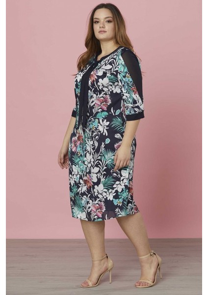 Büyük Beden Yaka Kravatlı Kolu Kombinli Elbise modelleri