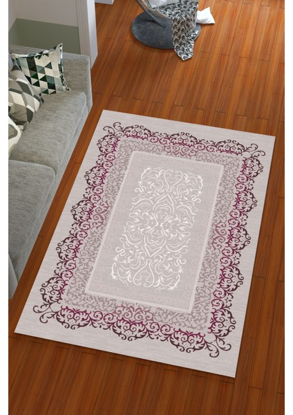 Ipek Kadife Gri Renkli Osmanlı Desen Lastikli Halı Örtüsü