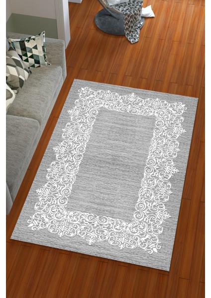 Ipek Kadife Gri Renkli Su Yolu Desen Lastikli Halı Örtüsü