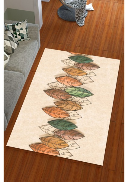 Ipek Kadife Kahverengi Renkli Yaprak Desen Lastikli Halı Örtüsü