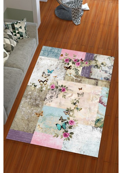 Ipek Kadife Pembe Renkli Bahar Desen Lastikli Halı Örtüsü