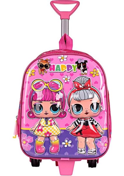 Anaokulu Kreş Çocuk Valiz Sırt Çantası Çekçekli Happy Lol Bebek Şeker Kız Sert Ön Yüzey 5d Pembe