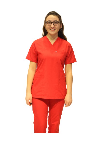 Doktor Hemşire Kırmızı Zarf Yaka Takma Kol Cerrahi Takım