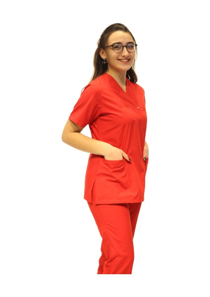 Doktor Hemşire Kırmızı Zarf Yaka Takma Kol Cerrahi Takım modelleri
