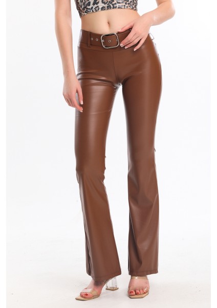 Kemerli Ispanyol Paça Şardonlu Deri Pantolon PNT33313