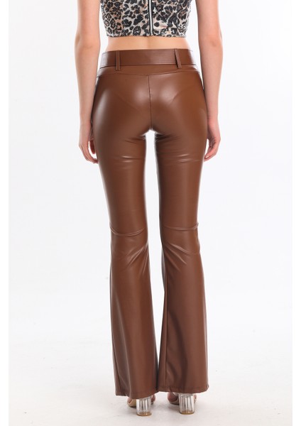 Kemerli Ispanyol Paça Şardonlu Deri Pantolon PNT33313 fırsatları