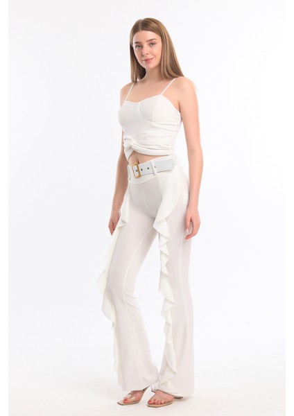 Kemerli Volanlı Scuba Krep Pantolon | PNT32716 Ekru