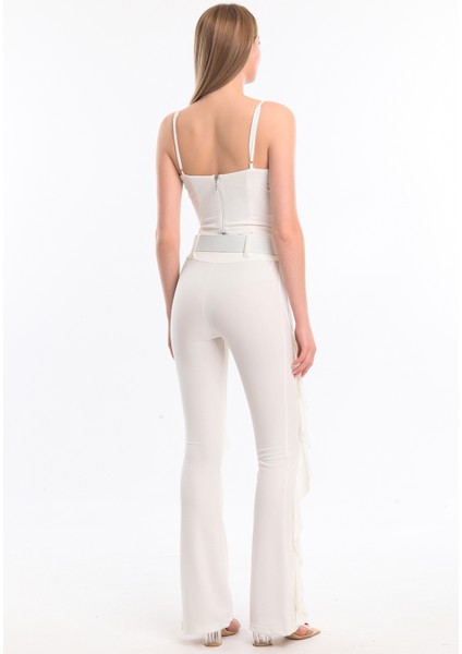 Kemerli Volanlı Scuba Krep Pantolon | PNT32716 Ekru