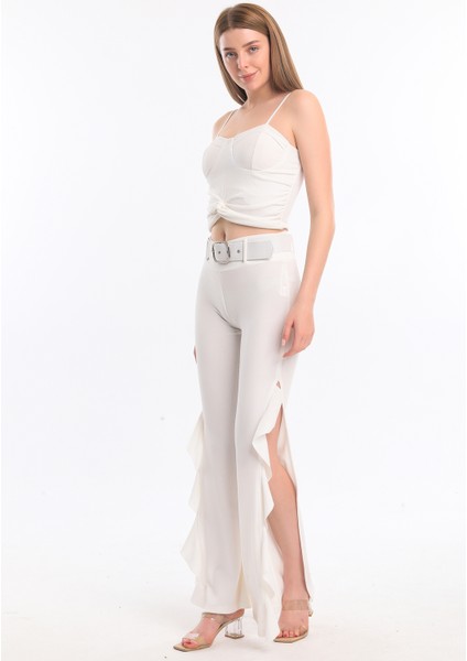 Volanlı Kemerli Scuba Krep Pantolon | PNT33394 Ekru fiyatları