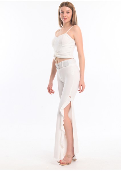 Volanlı Kemerli Scuba Krep Pantolon | PNT33394 Ekru modelleri