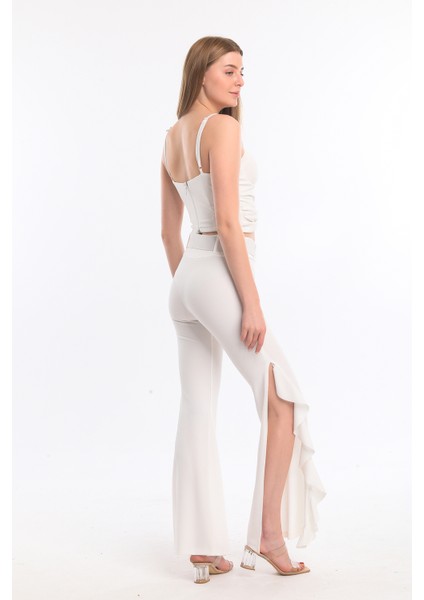 Volanlı Kemerli Scuba Krep Pantolon | PNT33394 Ekru fırsatları