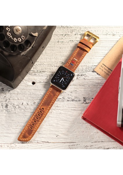 Apple Watch 42MM 44MM 45MM 49MM Ultra Ultra2 Seri 3 / 4 / 5 / 6 / Se / 7 / 8 / 9 Deri Kordon Hakiki Crazy Deri Kayış Hardal