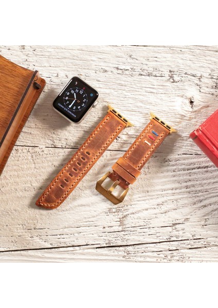 Apple Watch 42MM 44MM 45MM 49MM Ultra Ultra2 Seri 3 / 4 / 5 / 6 / Se / 7 / 8 / 9 Deri Kordon Hakiki Crazy Deri Kayış Hardal modelleri