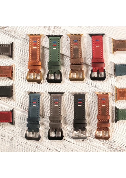 Apple Watch Kordon 42MM 44MM 45MM 49MM 3 / 4 / 5 / 6 / Se / 7 / 8 / Ultra / Ultra 2 Deri Kordon Deri Kayış Yeşil