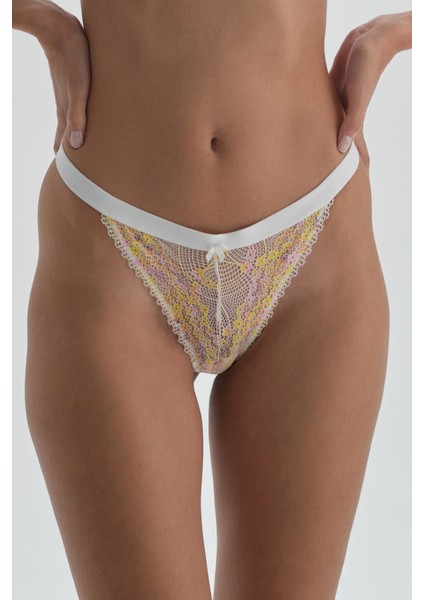 Ekru Lastik Detaylı, Dantel Tanga