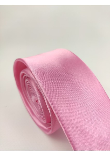 1. Kalite Saten Parlak Slim Kravat Mendil Seti Pembe