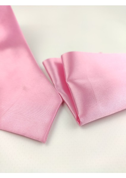 1. Kalite Saten Parlak Slim Kravat Mendil Seti Pembe