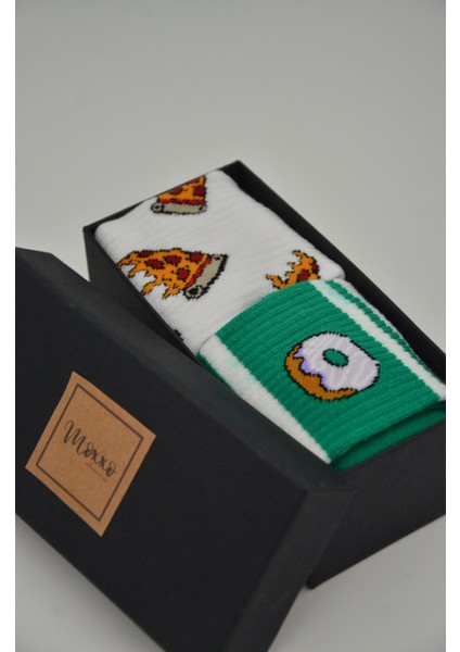İki'li Set Kalın Dokulu Donut ve Pizza Figürlü Spor Çorap Unisex Kadın/Erkek Model 99