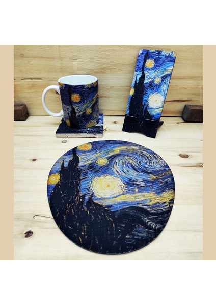 Vincent Van Gogh Set 6 - Kupa-Traverten Bardak Altlığı-Mousepad-Mdf Telefon Standı 1