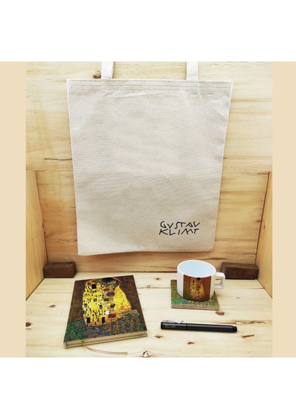 Gustav Klimt Set 5 - Çay/kahve Fincanı-Traverten Bardak Altlığı-Kalem-Defter-Kanvas Çanta 1