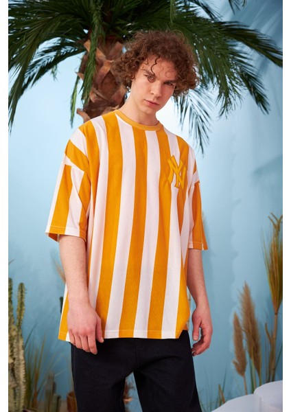 R-5567 Boyuna Kalın Çizgili Oversize T-Shirt fiyatları
