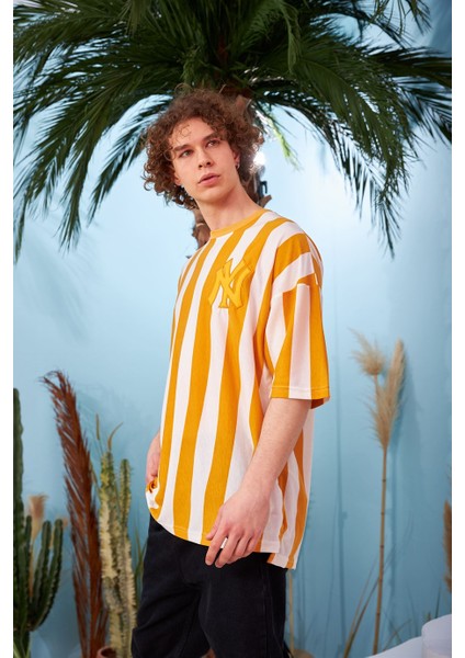 R-5567 Boyuna Kalın Çizgili Oversize T-Shirt modelleri