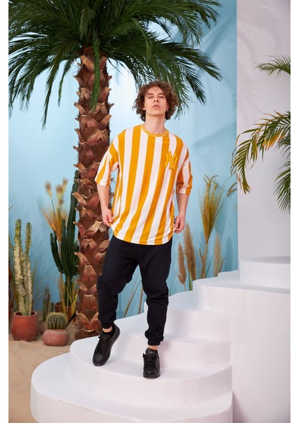 R-5567 Boyuna Kalın Çizgili Oversize T-Shirt fırsatları