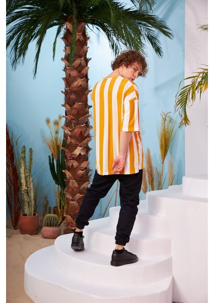 R-5567 Boyuna Kalın Çizgili Oversize T-Shirt indirimleri
