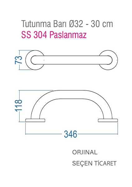 Çelik Çap 32 -30 cm Düz  Mat Tutamak SS304