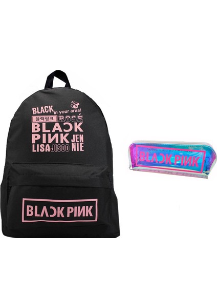 Siyah Blackpink Sırt Okul Çantası ve Hologram Kalemlik Ikili Set
