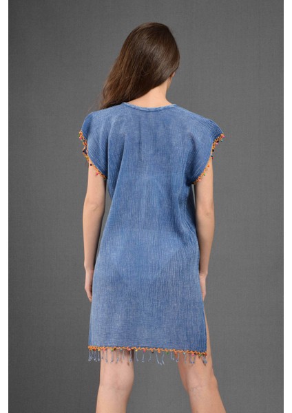 Yakalı Denim Mavi Plaj Elbisesi fırsatları