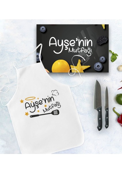Kişiye Özel Isimli Mutfak Önlüğü ve Cam Kesme Tablası Hediye Seti Model 4