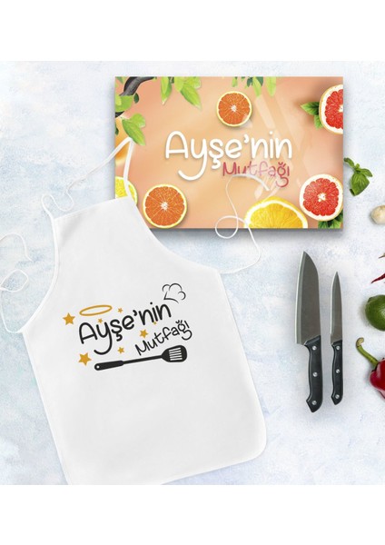 Kişiye Özel Isimli Mutfak Önlüğü ve Cam Kesme Tablası Hediye Seti Model 2
