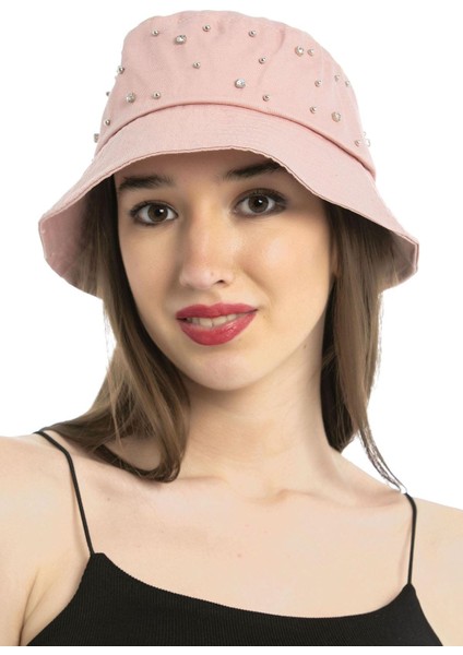 Saria Moda Üzeri Taşlı Bej Bucket Şapka