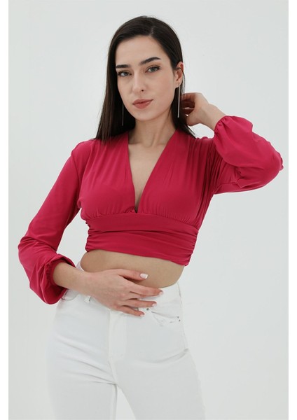 Derin V Yaka Crop Bluz - Fuşya