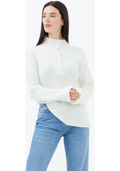 Yarım Balıkçı Yaka Düğmeli Kazak - Kemik fiyatları