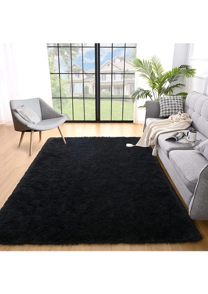 Kaymaz Taban Yıkanabilir Düz Kesim Post Peluş Halı Siyah