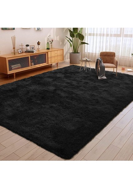 Kaymaz Taban Yıkanabilir Düz Kesim Post Peluş Halı Siyah