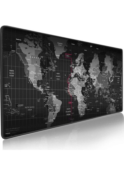 90x40 cm Black Dünya Desenli Dikişli Kaydırmaz Taban Oyunucu MousePad Gaming
