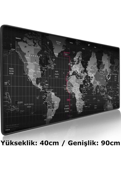 90x40 cm Black Dünya Desenli Dikişli Kaydırmaz Taban Oyunucu MousePad Gaming