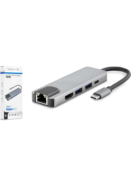 HDx7788(4744) Çevirici Type-C To USB 3.0 + HDMI + Ethernet 5 In 1 4K Mac