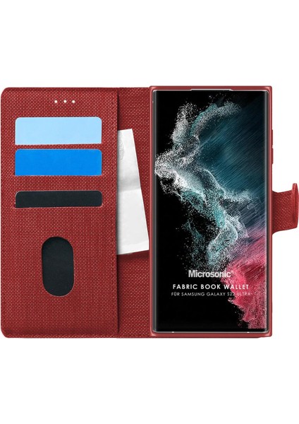 Samsung Galaxy S22 Ultra Kılıf Fabric Book Wallet Kırmızı