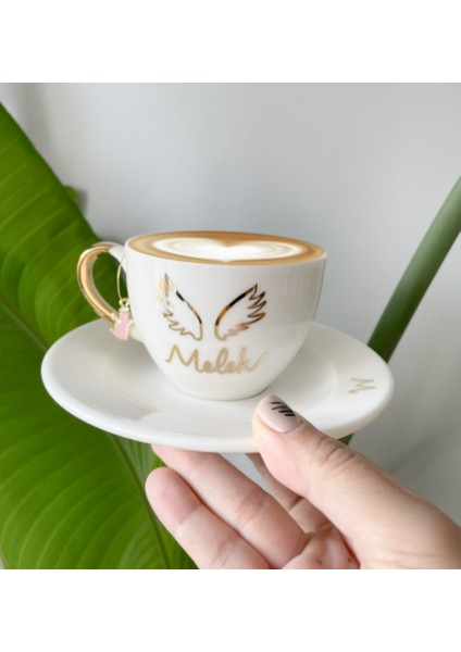 24K Altın Yaldızlı Melek Küpeli Porselen Nescafe Fincanı Melek Isimli