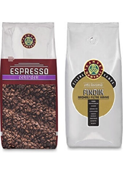 Kahve Dünyası Espresso Çekirdek Kahve 1 kg  + Fındık Aromalı Çekirdek Kahve 1 kg