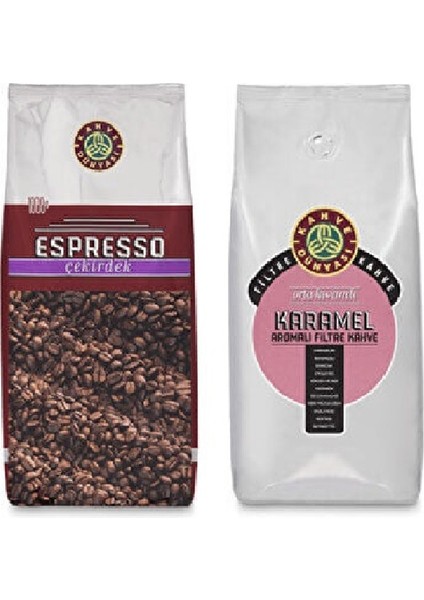 Kahve Dünyası  Espresso Çekirdek  Kahve 1 kg + Karamel Aromalı Çekirdek Kahve 1 kg