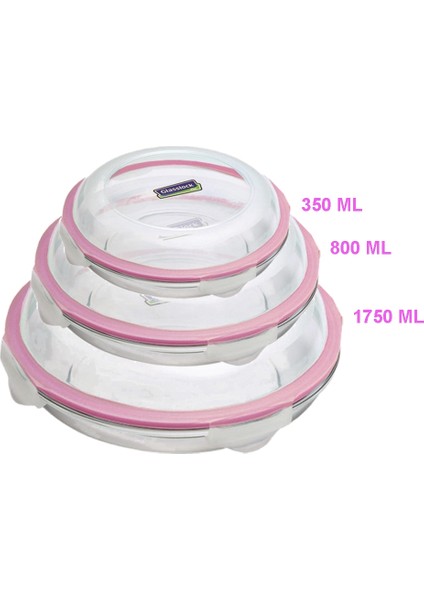 Kilitli Kapaklı Yuvarlak Plus Cam Saklama Kabı 3 Lü Set 1750 ml 800ML 350 ml