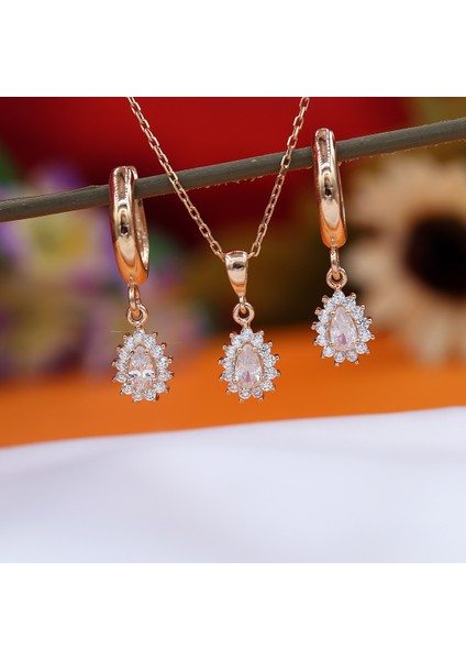Beyaz Taşlı Minimal Anturaj Damla Gümüş Kolye Küpe Takım
