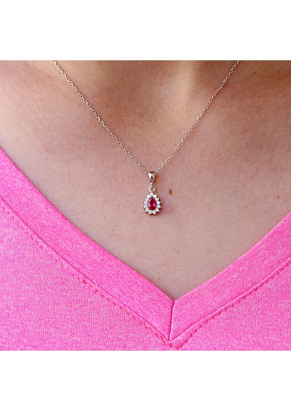 Kırmızı Beyaz Taşlı Minimal Anturaj Damla Gümüş Kolye modelleri