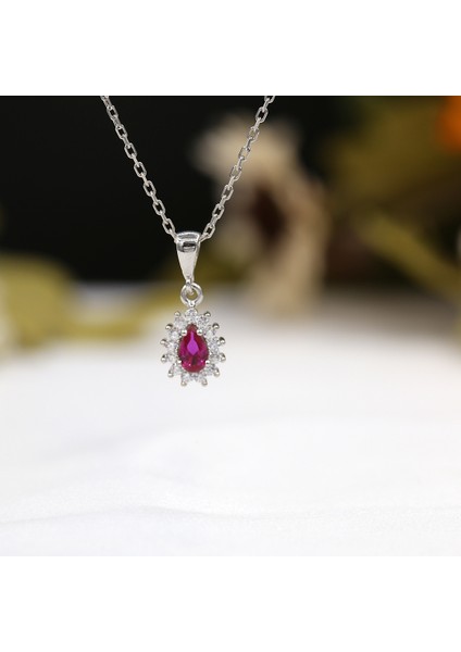 Kırmızı Beyaz Taşlı Minimal Anturaj Damla Gümüş Kolye indirimleri